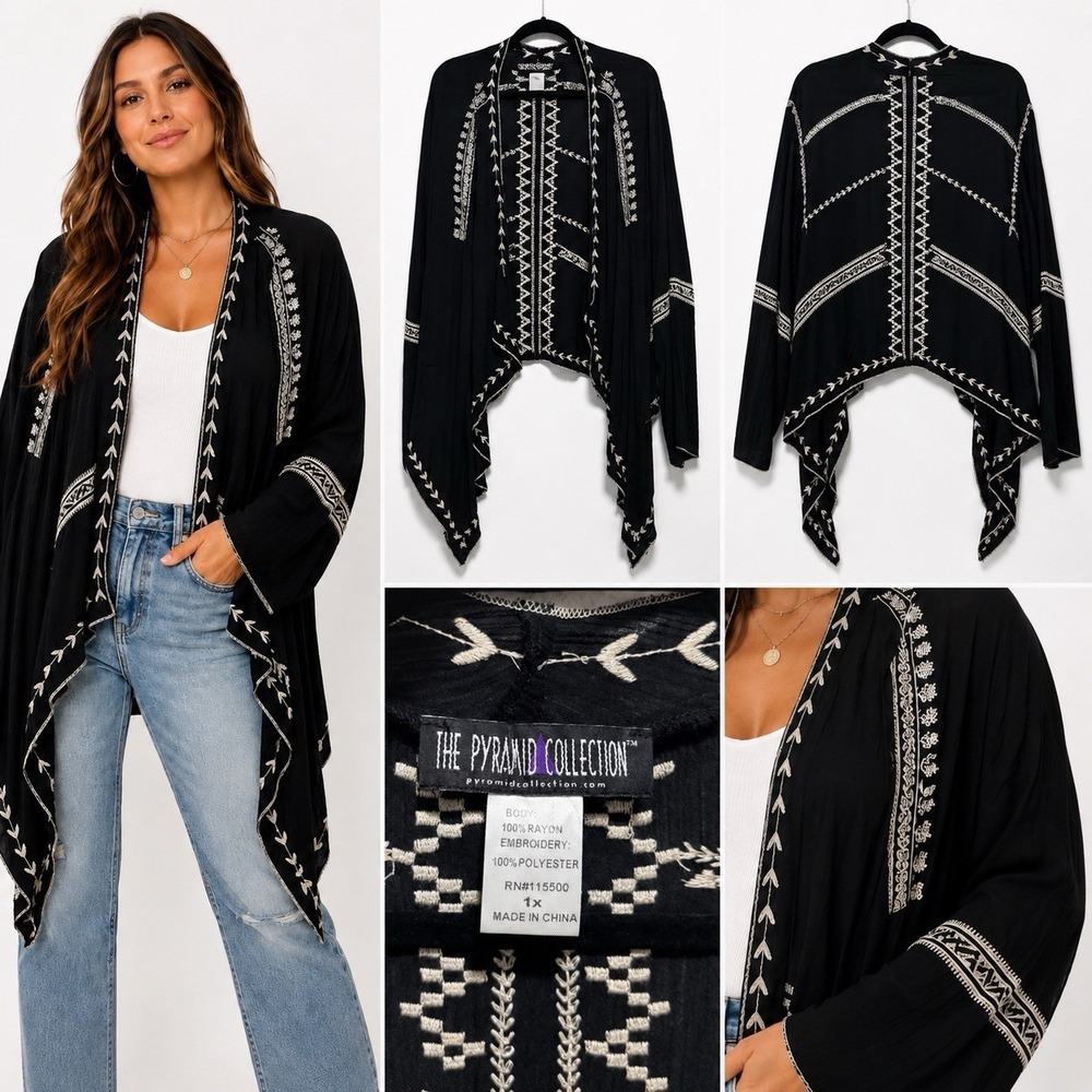 The Pyramid Collection Cardigan Kimono Jacket 1x Embroidered Pockets Bohemian